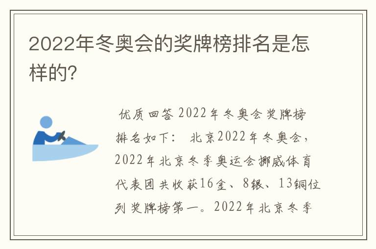 2022年冬奥会的奖牌榜排名是怎样的?