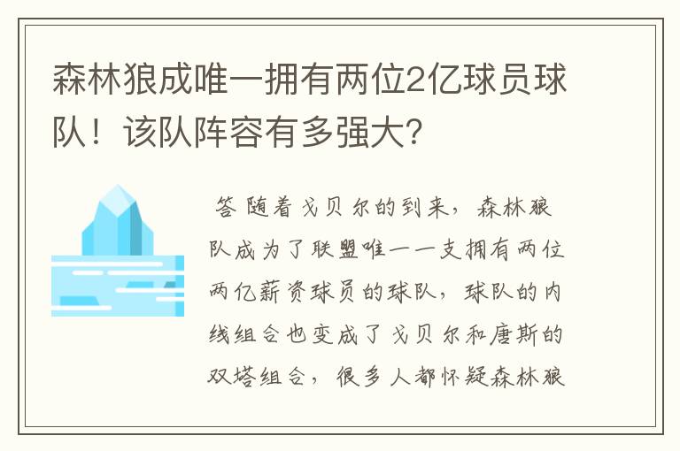 森林狼成唯一拥有两位2亿球员球队!该队阵容有多强大?