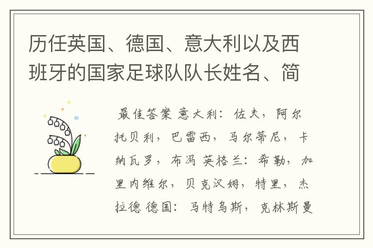 历任英国、德国、意大利以及西班牙的国家足球队队长姓名、简介?