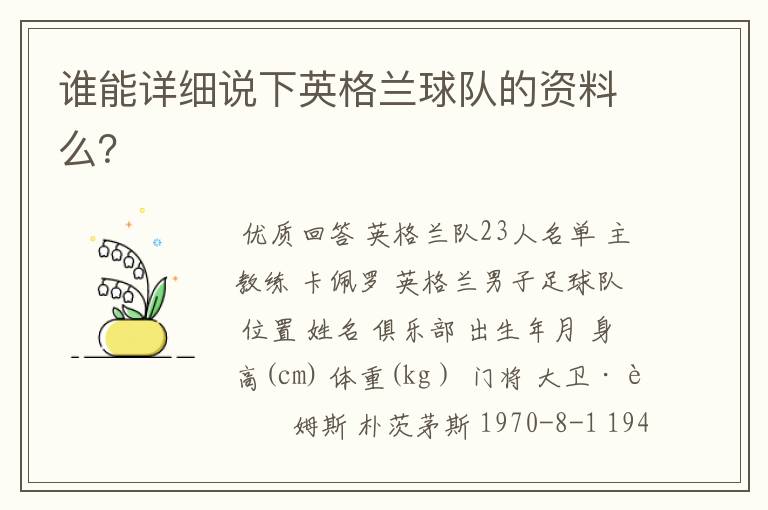 谁能详细说下英格兰球队的资料么?