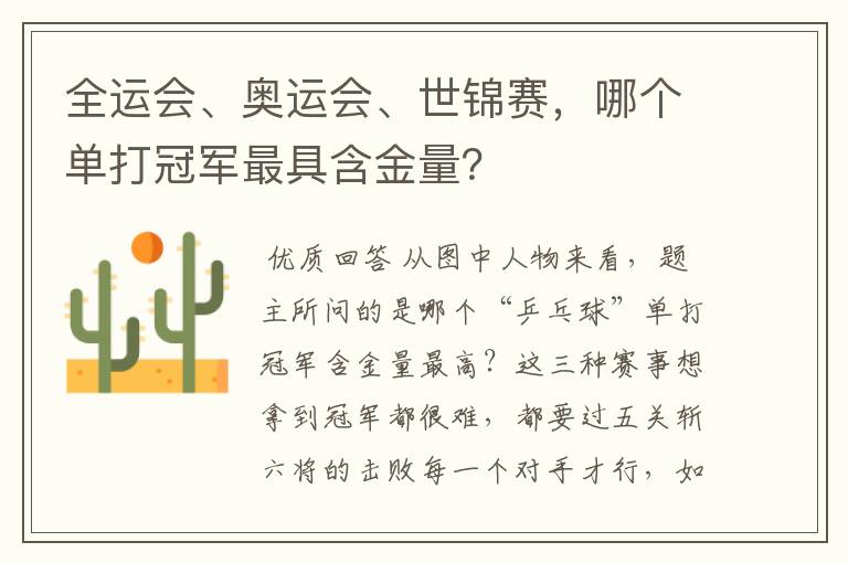 全运会、奥运会、世锦赛,哪个单打冠军最具含金量?