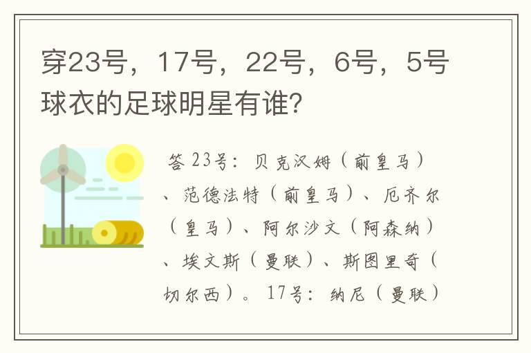 穿23号,17号,22号,6号,5号球衣的足球明星有谁?