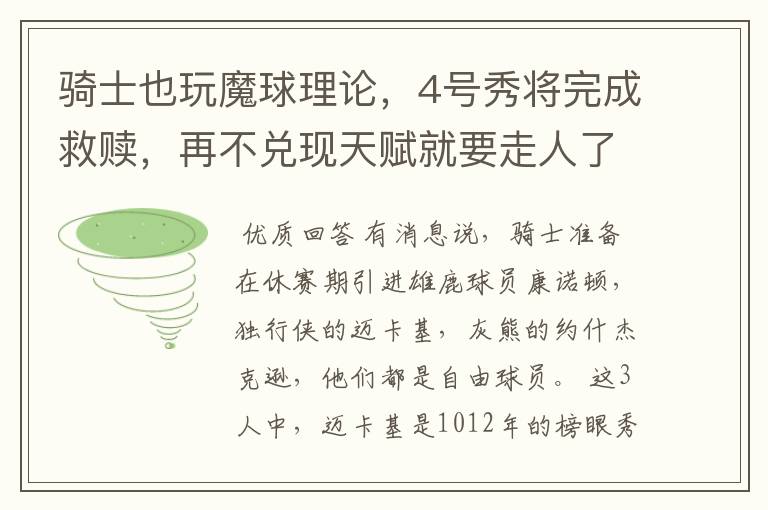 骑士也玩魔球理论,4号秀将完成救赎,再不兑现天赋就要走人了
