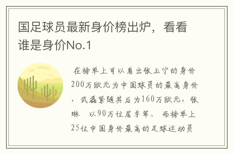 国足球员最新身价榜出炉,看看谁是身价No.1