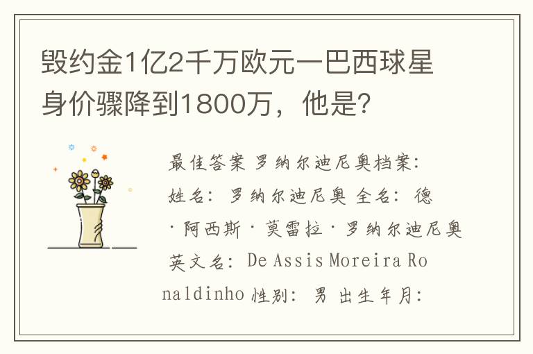 毁约金1亿2千万欧元一巴西球星身价骤降到1800万,他是?