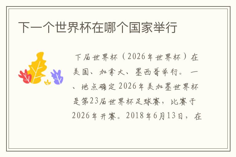 下一个世界杯在哪个国家举行