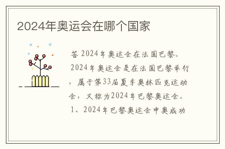 2024年奥运会在哪个国家