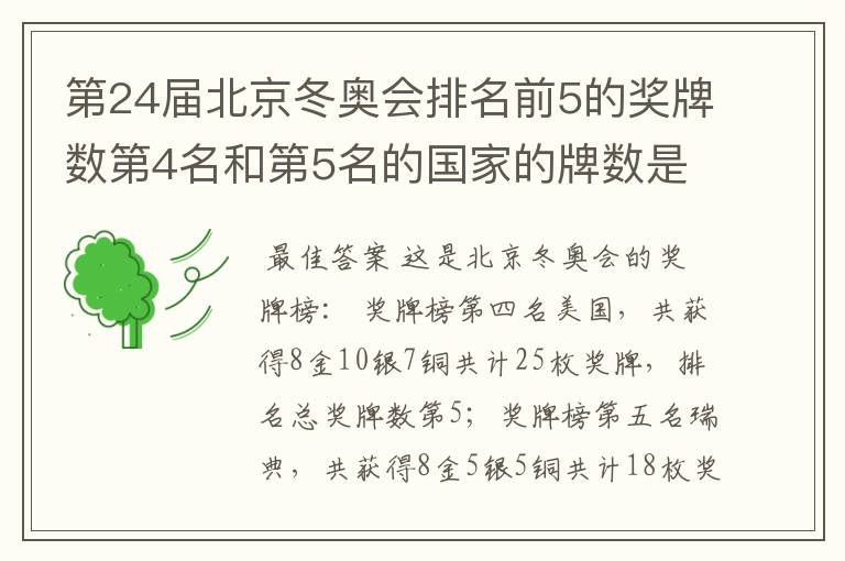 第24届北京冬奥会排名前5的奖牌数第4名和第5名的国家的牌数是多少?