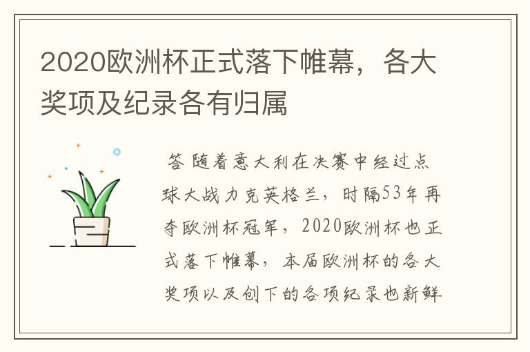 2020欧洲杯正式落下帷幕,各大奖项及纪录各有归属