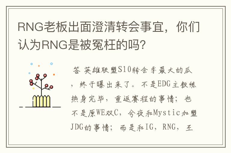 RNG老板出面澄清转会事宜,你们认为RNG是被冤枉的吗?