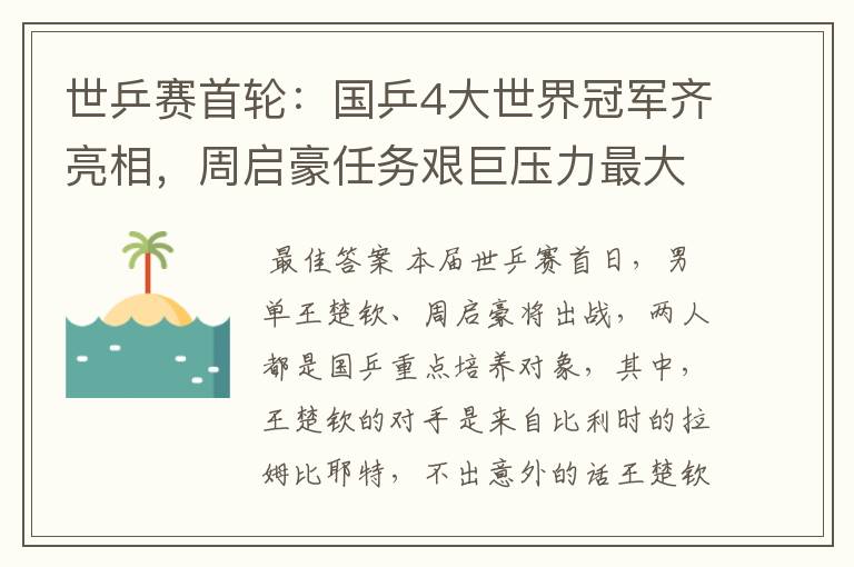 世乒赛首轮:国乒4大世界冠军齐亮相,周启豪任务艰巨压力最大