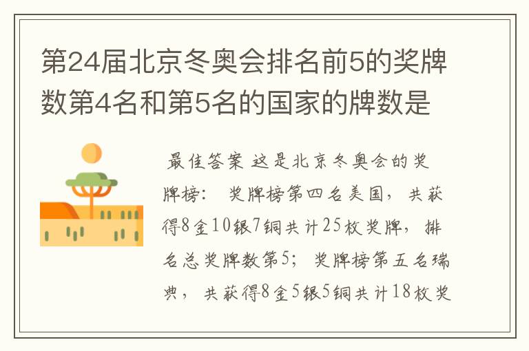 第24届北京冬奥会排名前5的奖牌数第4名和第5名的国家的牌数是多少?