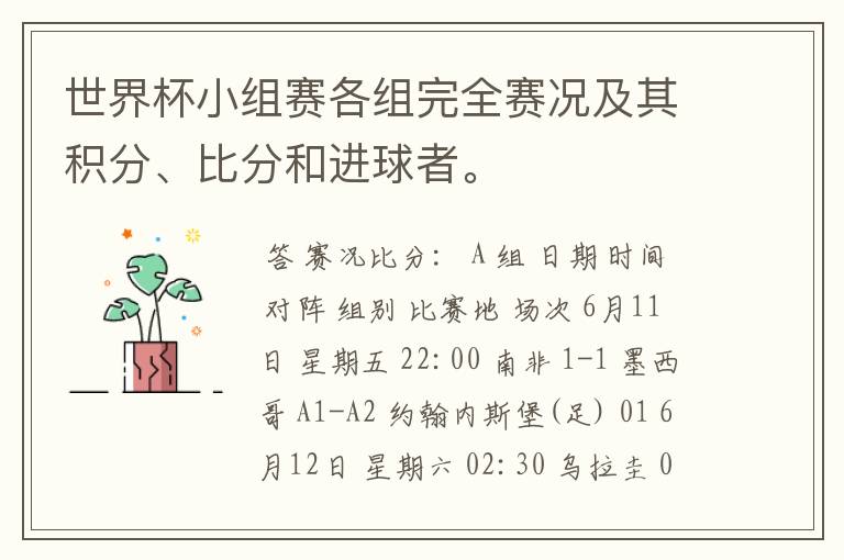 世界杯小组赛各组完全赛况及其积分、比分和进球者。