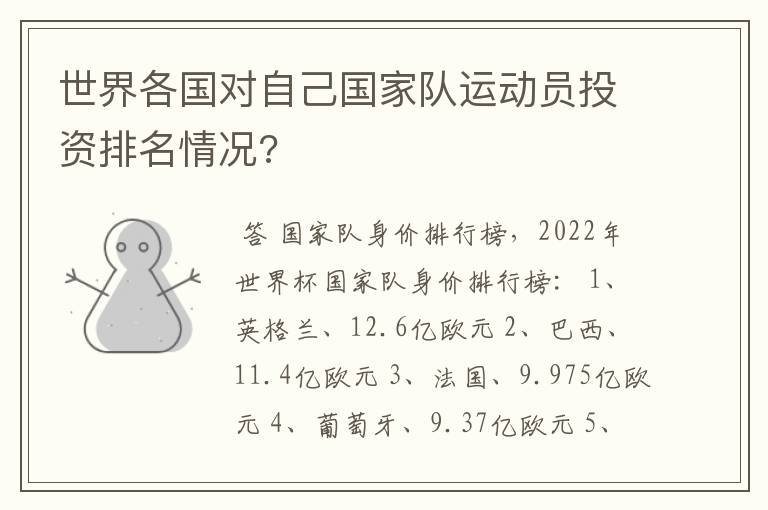 世界各国对自己国家队运动员投资排名情况?