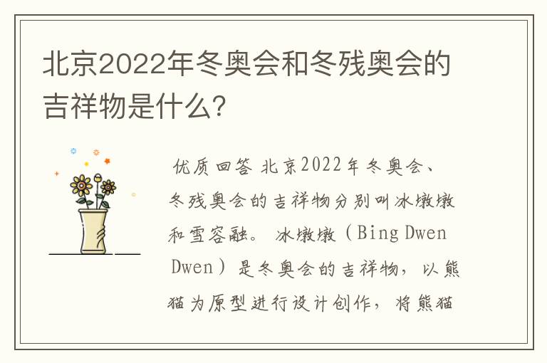 北京2022年冬奥会和冬残奥会的吉祥物是什么?