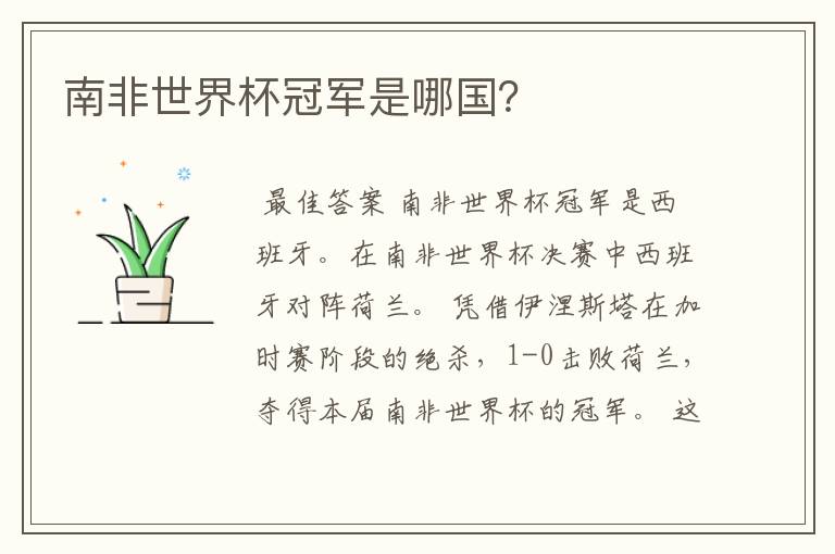 南非世界杯冠军是哪国?