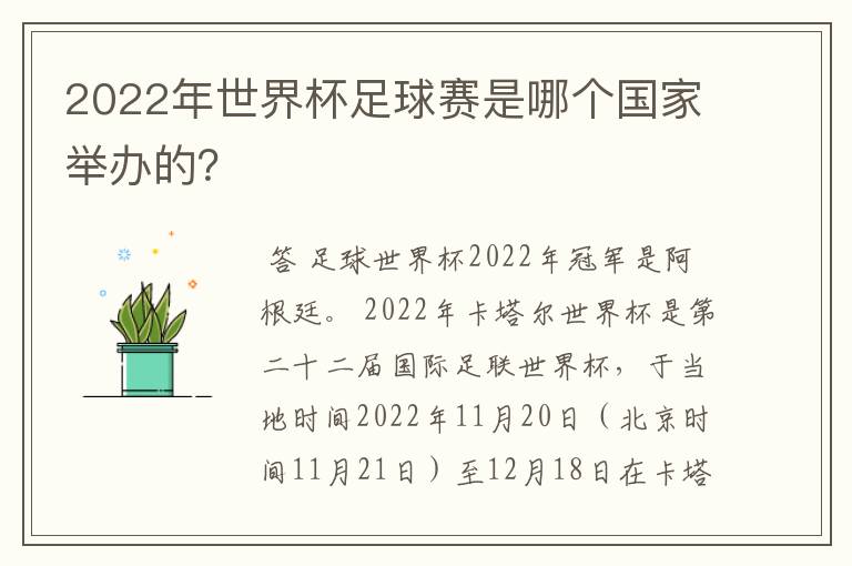 2022年世界杯足球赛是哪个国家举办的？