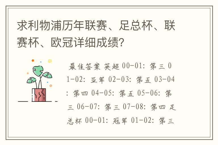 求利物浦历年联赛、足总杯、联赛杯、欧冠详细成绩?