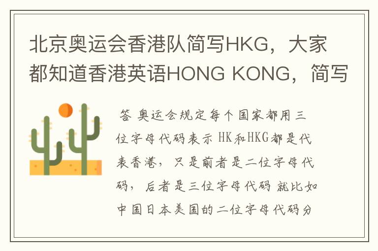 北京奥运会香港队简写HKG,大家都知道香港英语HONG KONG,简写HK.那这HKG是什么意思啊?