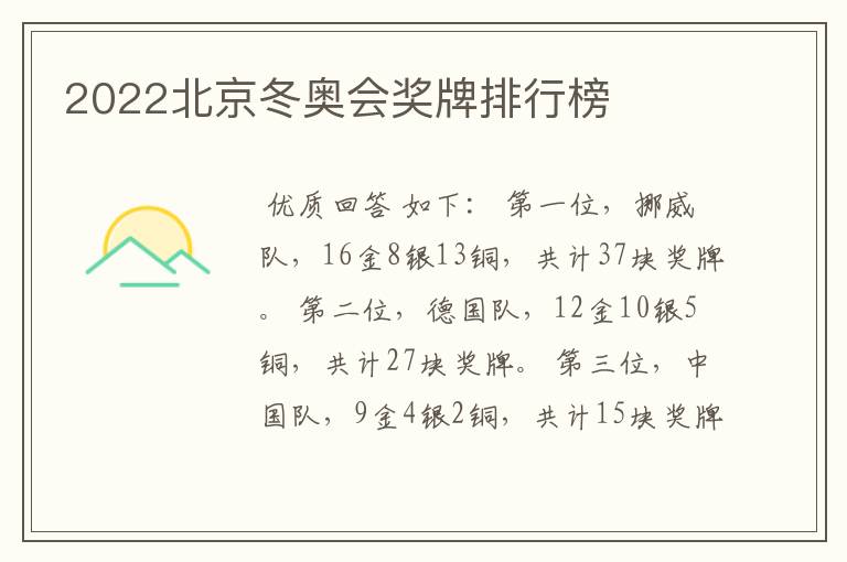 2022北京冬奥会奖牌排行榜