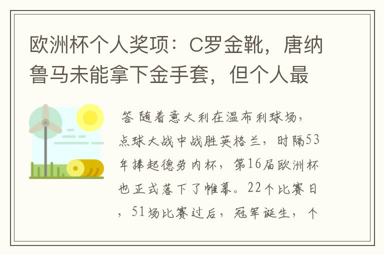 欧洲杯个人奖项:C罗金靴,唐纳鲁马未能拿下金手套,但个人最佳
