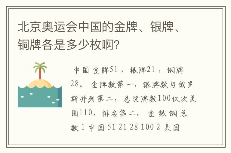 北京奥运会中国的金牌、银牌、铜牌各是多少枚啊?