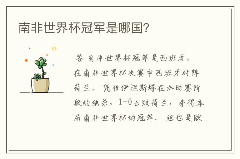 南非世界杯冠军是哪国?