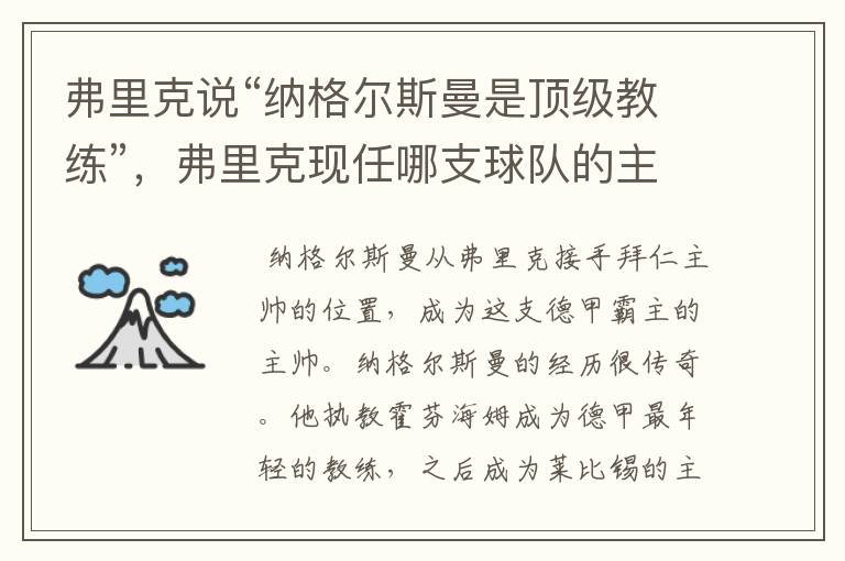 弗里克说“纳格尔斯曼是顶级教练”,弗里克现任哪支球队的主帅?