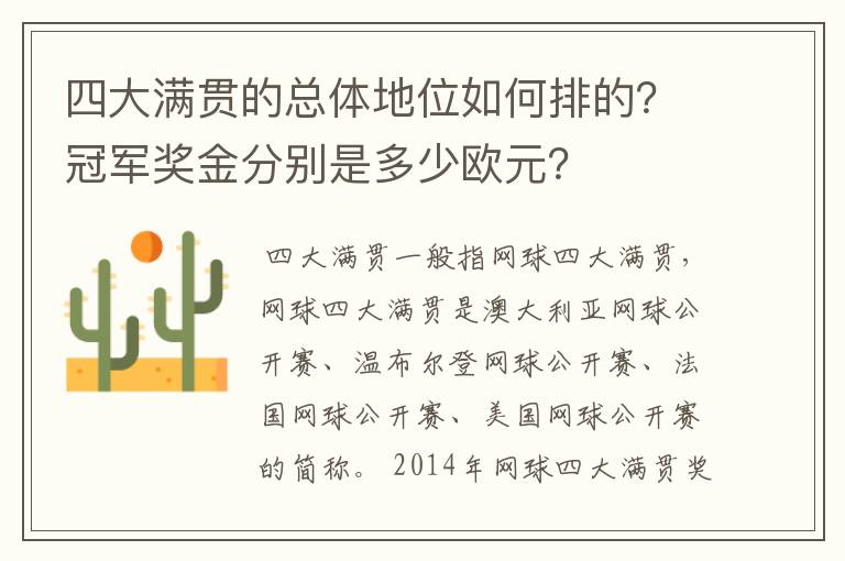 四大满贯的总体地位如何排的?冠军奖金分别是多少欧元?