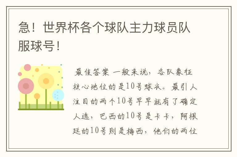 急!世界杯各个球队主力球员队服球号!