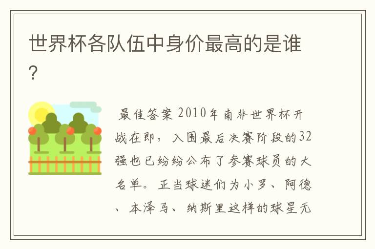 世界杯各队伍中身价最高的是谁?