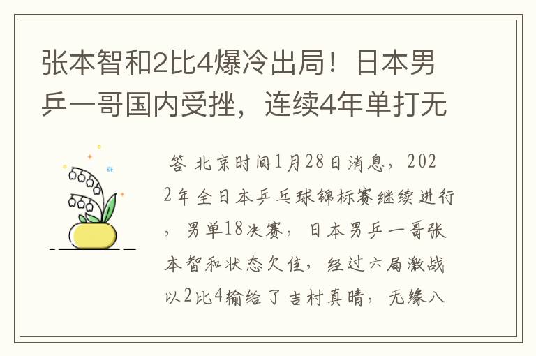张本智和2比4爆冷出局!日本男乒一哥国内受挫,连续4年单打无冠