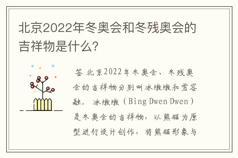 北京2022年冬奥会和冬残奥会的吉祥物是什么?