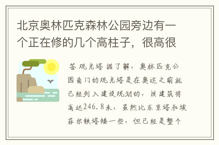 北京奥林匹克森林公园旁边有一个正在修的几个高柱子,很高很高,貌似像一个五星级酒店的是什么建筑?