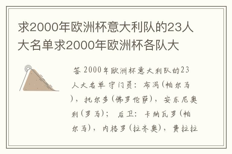 求2000年欧洲杯意大利队的23人大名单求2000年欧洲杯各队大