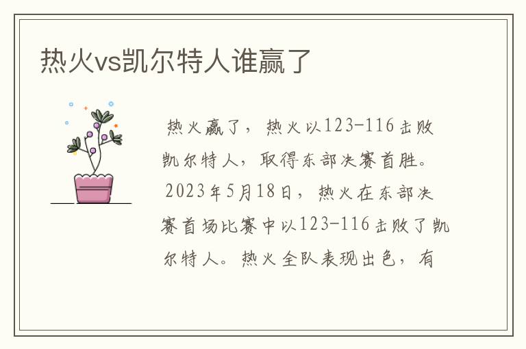 热火vs凯尔特人谁赢了