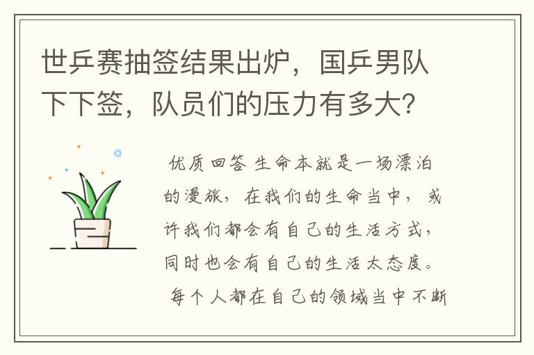 世乒赛抽签结果出炉,国乒男队下下签,队员们的压力有多大?