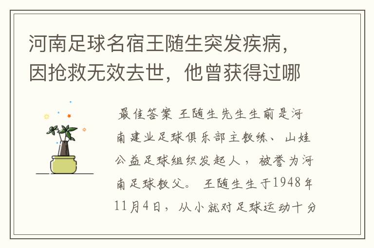 河南足球名宿王随生突发疾病,因抢救无效去世,他曾获得过哪些荣誉?