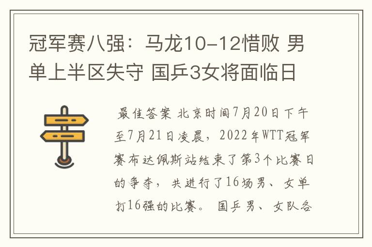 冠军赛八强:马龙10-12惜败 男单上半区失守 国乒3女将面临日乒挑战