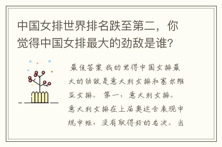 中国女排世界排名跌至第二,你觉得中国女排最大的劲敌是谁?
