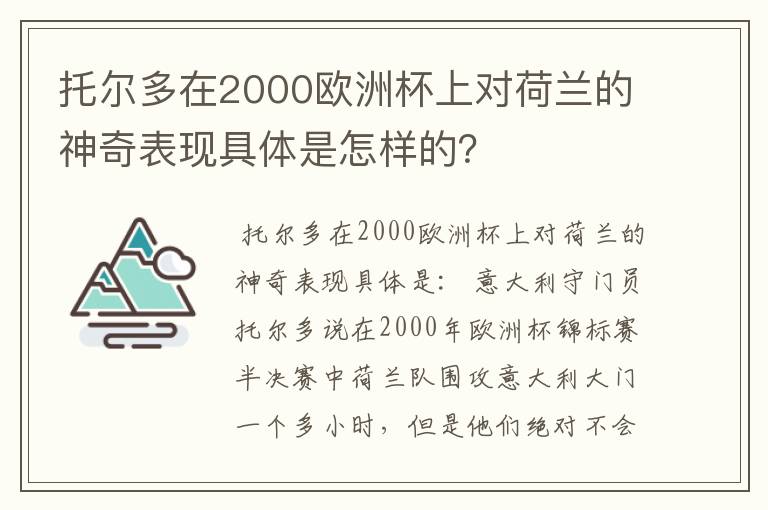 托尔多在2000欧洲杯上对荷兰的神奇表现具体是怎样的?