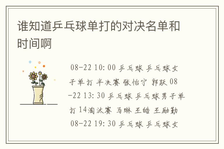 谁知道乒乓球单打的对决名单和时间啊