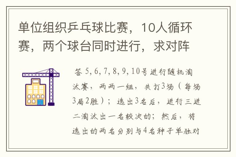 单位组织乒乓球比赛,10人循环赛,两个球台同时进行,求对阵表