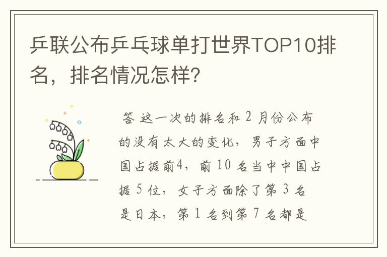 乒联公布乒乓球单打世界TOP10排名,排名情况怎样?