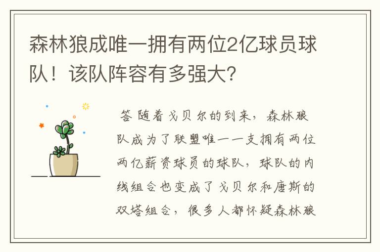 森林狼成唯一拥有两位2亿球员球队!该队阵容有多强大?