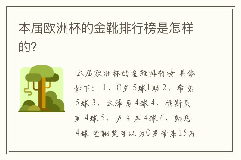 本届欧洲杯的金靴排行榜是怎样的?