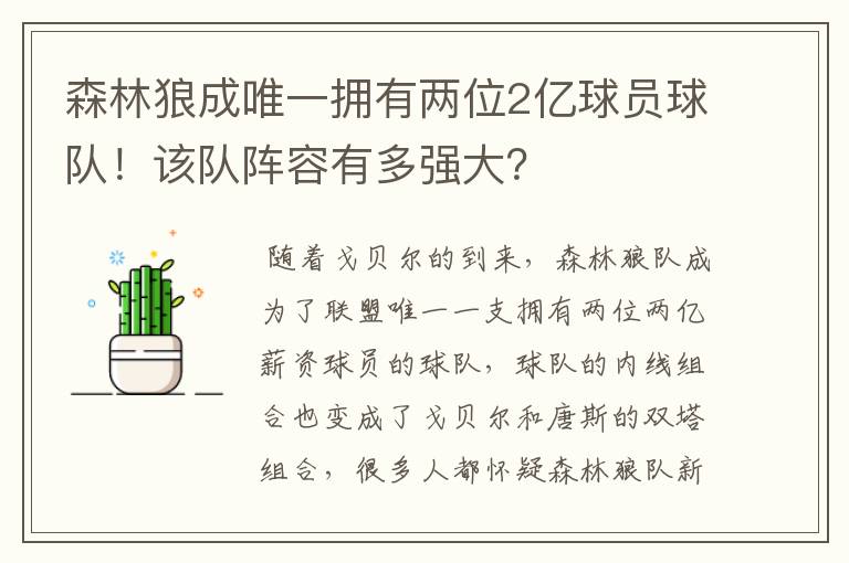 森林狼成唯一拥有两位2亿球员球队!该队阵容有多强大?