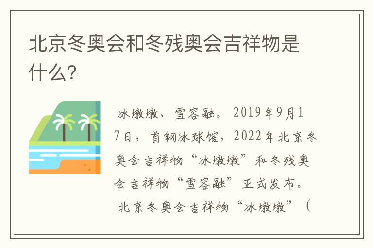 北京冬奥会和冬残奥会吉祥物是什么?