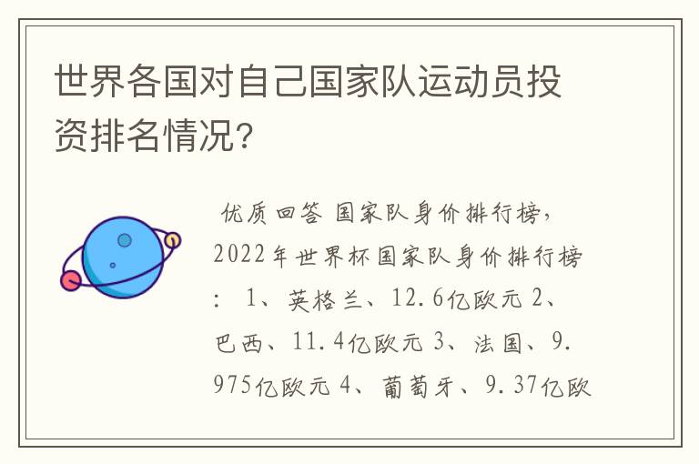 世界各国对自己国家队运动员投资排名情况?