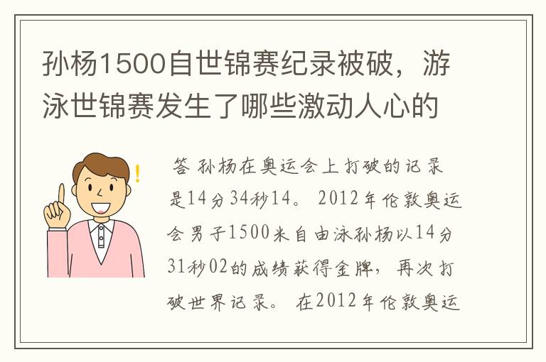 孙杨1500自世锦赛纪录被破,游泳世锦赛发生了哪些激动人心的时刻?
